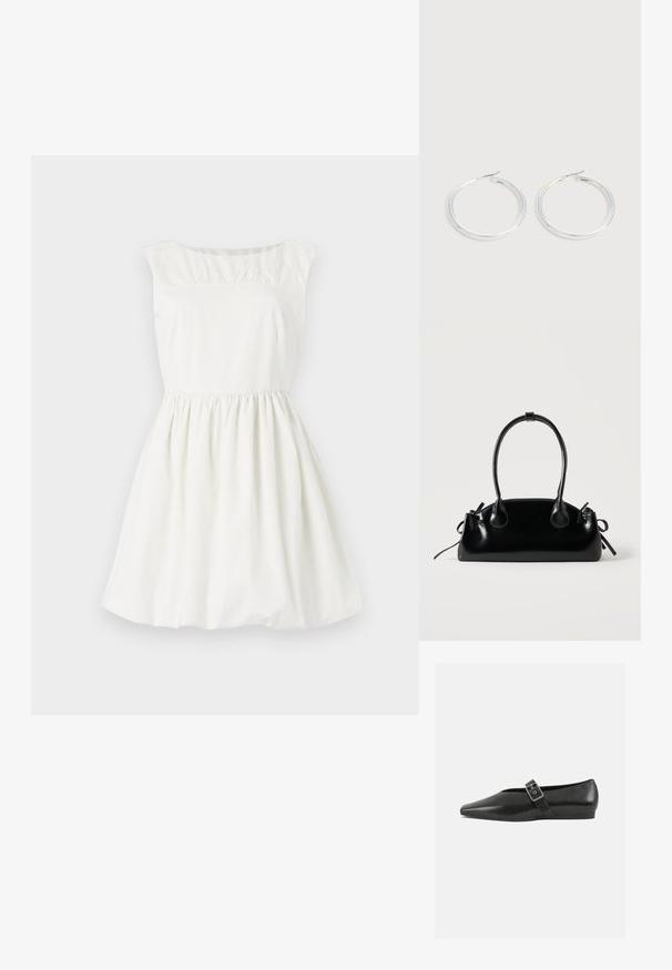 Robe en coton blanc avec un col rond, des manches courtes et des détails froncés au niveau du buste. Jupe évasée avec une taille élastique.; Chaussure plate en cuir noir avec un orteil pointu, présentant une sangle à boucle métallique sur le cou-de-pied et une semelle basse et flexible.; Petit sac à main noir brillant avec deux longues anses et des détails à cordon sur les côtés sur un fond clair uni.; Paire de boucles d'oreilles créoles argentées brillantes avec fermoirs en fil fin, présentée sur un fond gris clair.