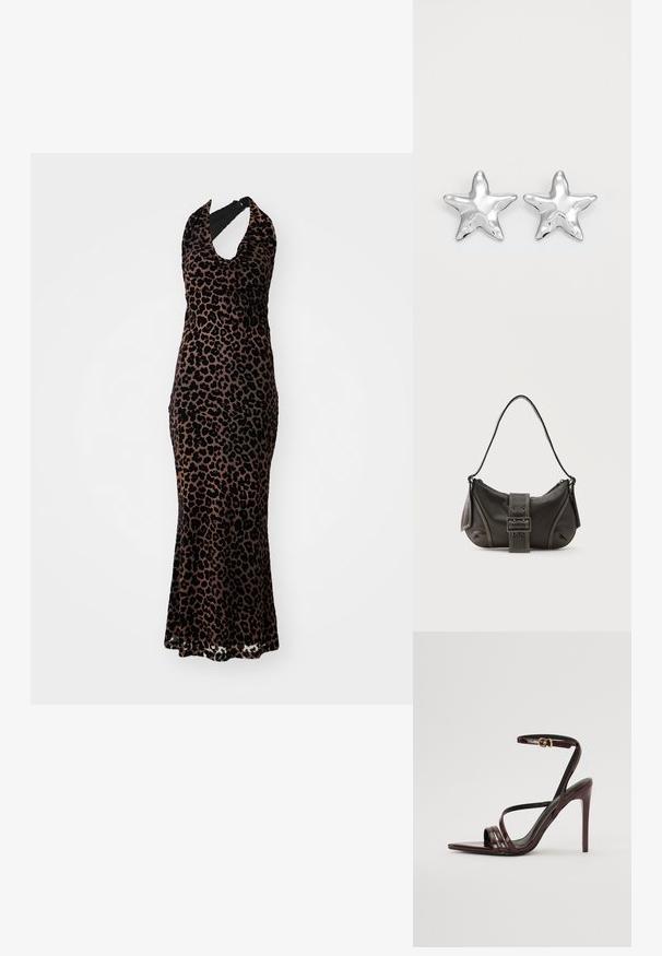 Vestido halter con estampado de leopardo, material de terciopelo, largo, silueta ajustada, escote redondeado, combinación de colores negro y marrón claro, textura sutil.; Sandalia de tacón alto de charol burdeos con tira en el tobillo, punta afilada y tres tiras horizontales en el pie. Detalle de hebilla en tono dorado.; Bolso de hombro de cuero negro con detalle de correa con hebilla, bordes curvos y costuras blancas en contraste sobre un fondo liso.; Pendientes en forma de estrella plateada con una superficie pulida y brillante. Cada pendiente presenta cinco puntas y sutiles detalles de textura en la superficie.