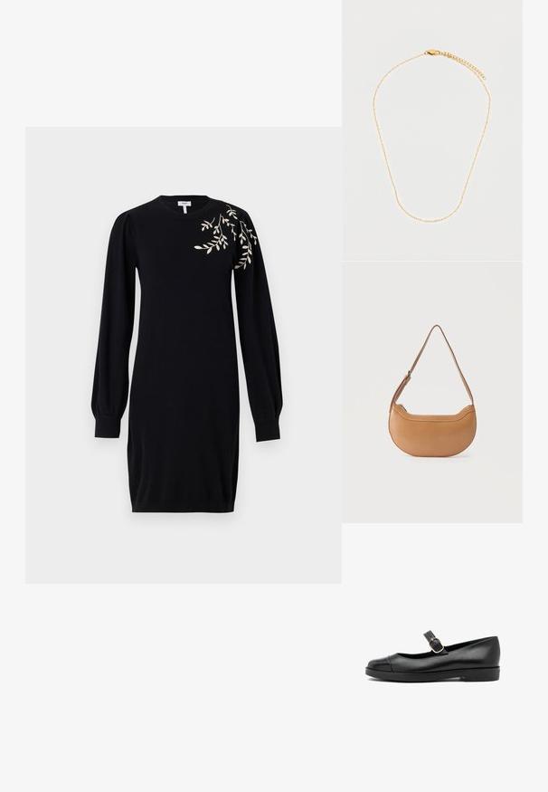 Object Knitted OBJTHESS - Strikkjoler - black; Sorte læder Mary Jane-stil sko med en lys tåhætte, justerbar rem og gylden spænde. Flad sål med subtile syninger.; Lysebrun skuldertaske i læder formet som en halvmåne med justerbar rem og toplynlås, sat mod en ensfarvet baggrund.; Guldfarvet kædehalskæde med et delikat design, ovale led og lukning med lås. Har en justerbar forlængerkæde for pasform.