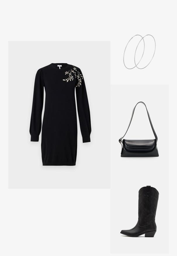 Object Knitted OBJTHESS - Svetríkové šaty - black; Čierne kožené kovbojské čižmy s špicatou špičkou, nízkym stohovaným podpätkom a zložitým embosovaným vzorom listov na holeni. Očko na vrchu pre jednoduché obúvanie.; Čierna kožená kabelka so štruktúrovaným tvarom, hladkou textúrou a jedným ramenným popruhom. Obsahuje jemný, zaoblený dizajn klapky.; Strieborné kruhové náušnice s minimalistickým dizajnom. Cirkulárny tvar, hladký povrch a tenký profil. Ľahké s lesklým povrchom.