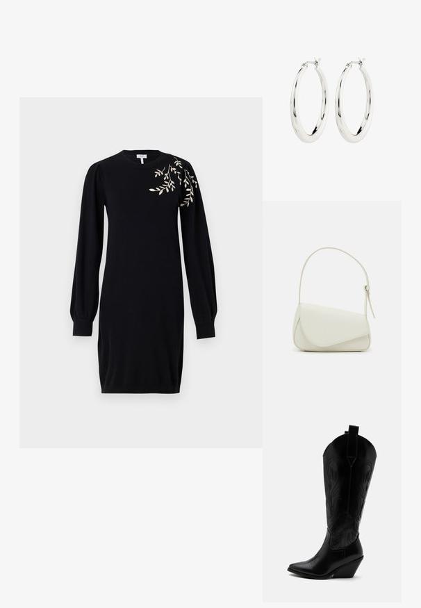 Object Knitted OBJTHESS - Gebreide jurk - black; Zwarte leren cowboylaars met puntige neus, schuine blokhak, decoratieve stiksels en aantreklusjes bovenaan tegen een witte achtergrond.; Witte nepleren handtas met een gestructureerde driehoekige vorm, een enkele verstelbare schouderriem en een klep met ronde accenten.; Zilveren oorbellen in de vorm van een gladde, glanzende ring. Circulaire vorm, voorzien van een veilige sluiting. Eenvoudig en elegant ontwerp.