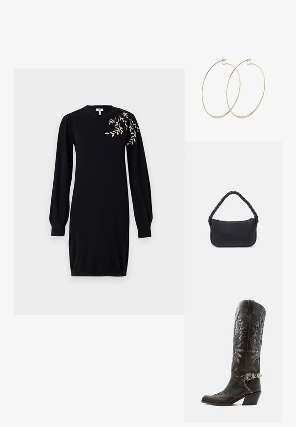 Object Knitted OBJTHESS - Strikkjoler - black; Sort læder cowboystøvle med dekorative udskæringer, sølvspænde og skrå hæl, vist på hvid baggrund.; Sort håndtaske med en rund form, lavet af glat materiale. Har et flet håndtag og en lynlåslukning for sikker opbevaring.; Pilgrim Øreringe - gold-coloured