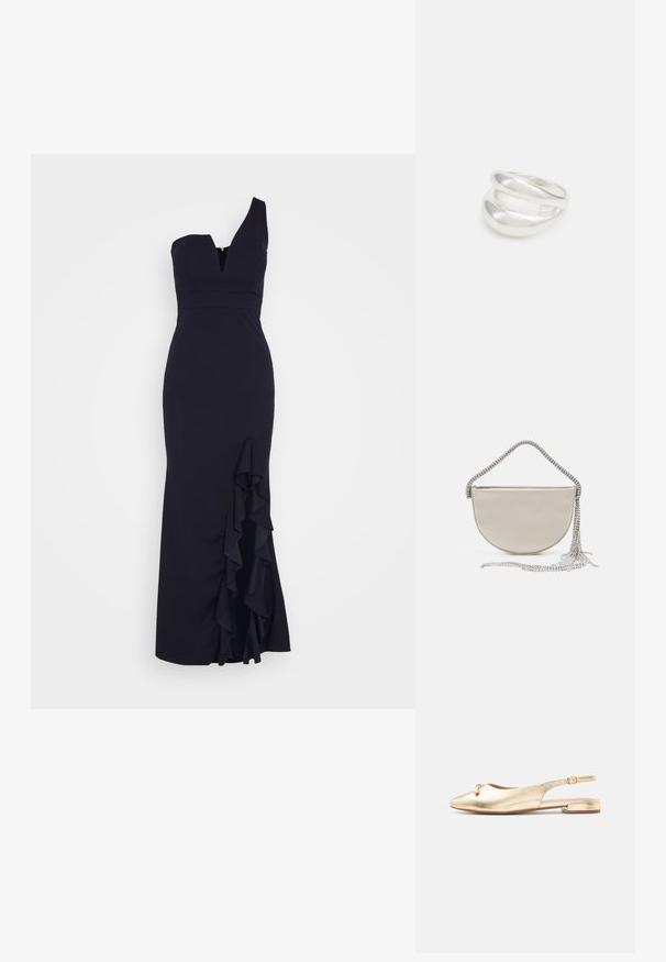 WAL G. SOYA ONE SHOULDER RUFFLE MAXI DRESS - Pidulikud riided - navy blue; Kuldsed toonid terevarbaga madalad sirelaga korterjalatsid väikese pandlaga ja madala pika kontsaga valgel taustal.; Beige satiinist poolkuu vormis käekott, millel on sädelev hõbedane ahelkand ja frantsiisidetailid. Sile tekstuur ja minimalistlik disain.; Hõbedane kahekordne rõngas sujuva, poleeritud pinnaga. Omab voolavat, kõverat disaini, millel on kattuvad sektsioonid, et saavutada kaasaegne ilme.
