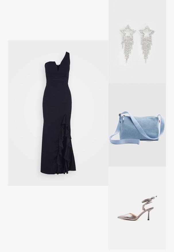 WAL G. SOYA ONE SHOULDER RUFFLE MAXI DRESS - Pidulikud riided - navy blue; Hõbedane metallik terava ninaga kõrge kontsaga king, millel on ümber mähitud pahkluu rihm ja õhuke stiletto konts valgel taustal.; Hele sinine teksakanga õlakott reguleeritava rihma ja tõmblukkudega, esitatud neutraalse tausta ees.; Rhinestone-iga tähe kõrvarõngad, millel on voogav frantsiisi detail, hõbedases toonis ja läikiv, peegeldav pind. Tähekuju koos keeruka disainiga.