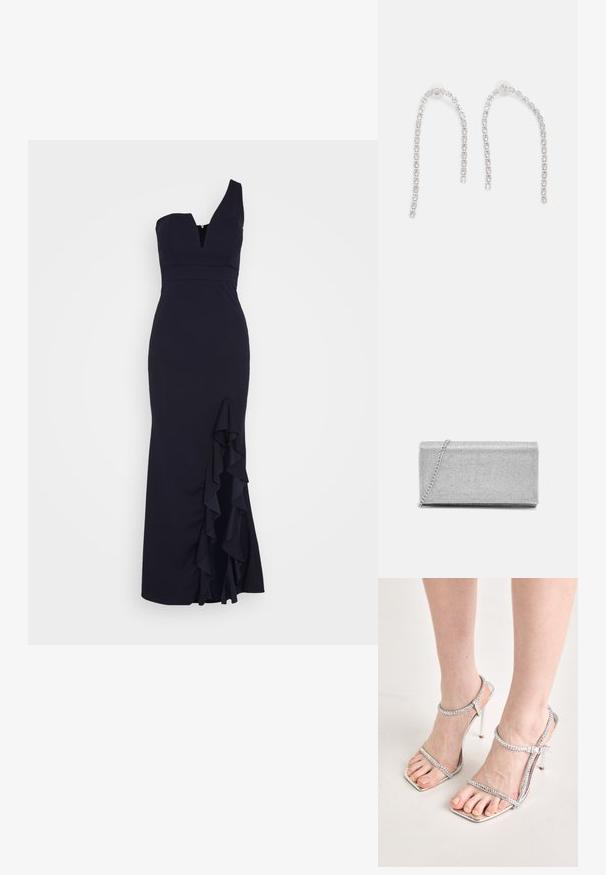 WAL G. SOYA ONE SHOULDER RUFFLE MAXI DRESS - Oblečenie na špeciálnu príležitosť - navy blue; Nohy v strieborných sandáloch na vysokých podpätkoch s tenkými pásikmi a štvorcovými špičkami stoja na svetlej ploche.; Strieborná metalická kabelka so tkaným sieťovým dizajnom, obdĺžnikového tvaru, s reťazovou rukoväťou na nosenie. Hladký povrch a lesklý finiš.; Strieborné náušnice s visiace reťazce, zdobené viacerými priehľadnými drahými kameňmi usporiadanými v lineárnom vzore, ktoré poskytujú trblietavý efekt.