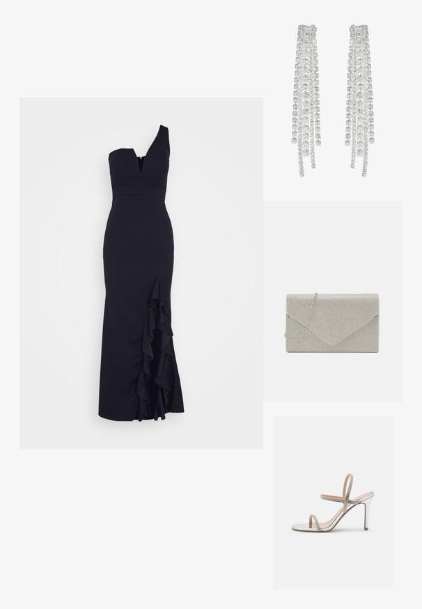 WAL G. SOYA ONE SHOULDER RUFFLE MAXI DRESS - Oblečenie na špeciálnu príležitosť - navy blue; Madden Girl WISE - Sandále na vysokom opätku - silver; Metalická strieborná kabelka na ruku s obálkovým dizajnom, zdobená textúrovaným vzorom, s odnímateľným reťazovým popruhom.; Dlhé strieborné náušnice s množstvom priehľadných, fasetovaných kryštálov v kaskádových pramienkoch rôznych dĺžok a tvarov.