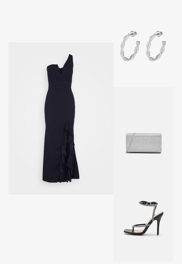 WAL G. SOYA ONE SHOULDER RUFFLE MAXI DRESS - Oblečenie na špeciálnu príležitosť - navy blue; RAID RORY - Sandále na vysokom opätku - black; Strieborná metalická kabelka so tkaným sieťovým dizajnom, obdĺžnikového tvaru, s reťazovou rukoväťou na nosenie. Hladký povrch a lesklý finiš.; Zatočené strieborné kruhové náušnice s hladkým povrchom a zapínaním na kolík, predvádzajúce moderný, prepletený dizajn.