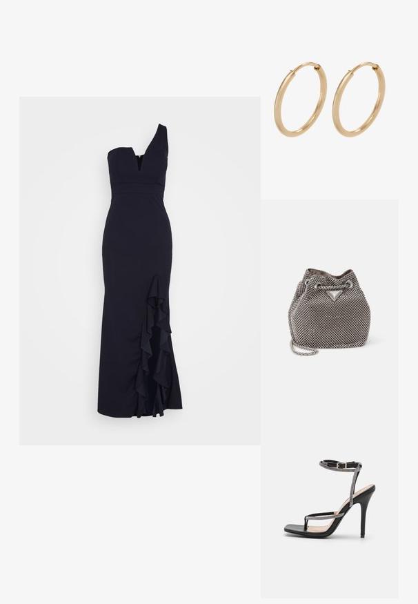 WAL G. SOYA ONE SHOULDER RUFFLE MAXI DRESS - Oblečenie na špeciálnu príležitosť - navy blue; RAID RORY - Sandále na vysokom opätku - black; Metalická šedá kabelka v tvare vedra s ozdobami z rhinestone, sťahovacím uzáverom a strieborným reťazovým popruhom. Na prednej strane sa nachádza logo.; Zlaté kruhové náušnice s hladkým, lešteným povrchom. Zaoblený tvar, stredná veľkosť, vybavené bezpečným uzatváracím mechanizmom.