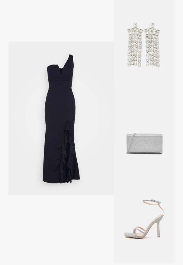 WAL G. SOYA ONE SHOULDER RUFFLE MAXI DRESS - Vestido de fiesta - navy blue; RAID WILIA - Sandalias de tacón - silver; Bolso de mano metálico plateado con diseño de malla trenzada, forma rectangular y una cadena para llevar. Textura suave y acabado pulido.; Pendientes de gota de cristal con un acabado en tono plateado, adornados con múltiples piedras recortadas en forma rectangular y cuadrada dispuestas en filas en cascada.
