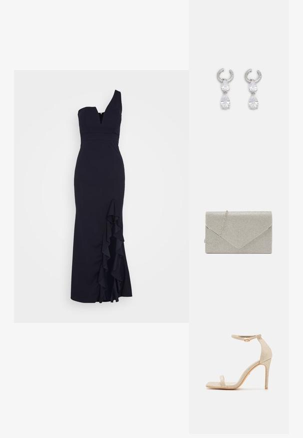 WAL G. SOYA ONE SHOULDER RUFFLE MAXI DRESS - Pidulikud riided - navy blue; DeeZee Kõrge kontsaga sandaalid - gold; Metallik hõbedane käekott, millel on ümbriku disain, kaunistatud tekstuuriga mustriga, millel on eemaldatav kett. ; Hõbedased kõrvarõngad, millel on tekstuuriga rõngaste disain, kus on kaks selget tilgakujulist kristalli ja väiksem ruudukujuline kristall allosas.