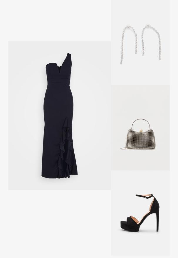 WAL G. SOYA ONE SHOULDER RUFFLE MAXI DRESS - Pidulikud riided - navy blue; Mustad nahast kõrge kontsaga sandaal platvormi tallaga, pahkluu rihmaga, hõbedaste detailidega, avatud varba disain ja sile tekstuur.; Väike käekott hõbedase võrgumustriga, kõver käepide, suur pärlikinnitus ja õhuke hõbedane kettsahtel lihtsal taustal.; Hõbedased kõrvarõngad, millel on rippuvad kettid ning mitmed selged vääriskivid, paigutatud lineaarsesse mustrisse, andes sädeleva efekti.