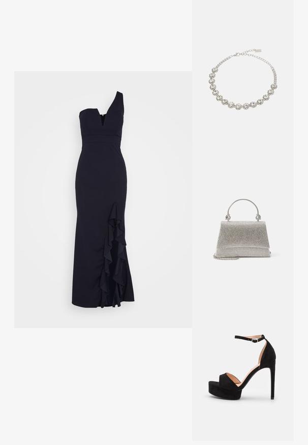 WAL G. SOYA ONE SHOULDER RUFFLE MAXI DRESS - Galajurk - navy blue; Zwarte suède hoge hakken sandaal met een platformzool, enkelband met zilveren beslag, open teen ontwerp en een gladde textuur.; ALDO FELISIA - Handtas - silver-coloured; sweet deluxe NECKLACE CAROLIN - Ketting - silver-coloured