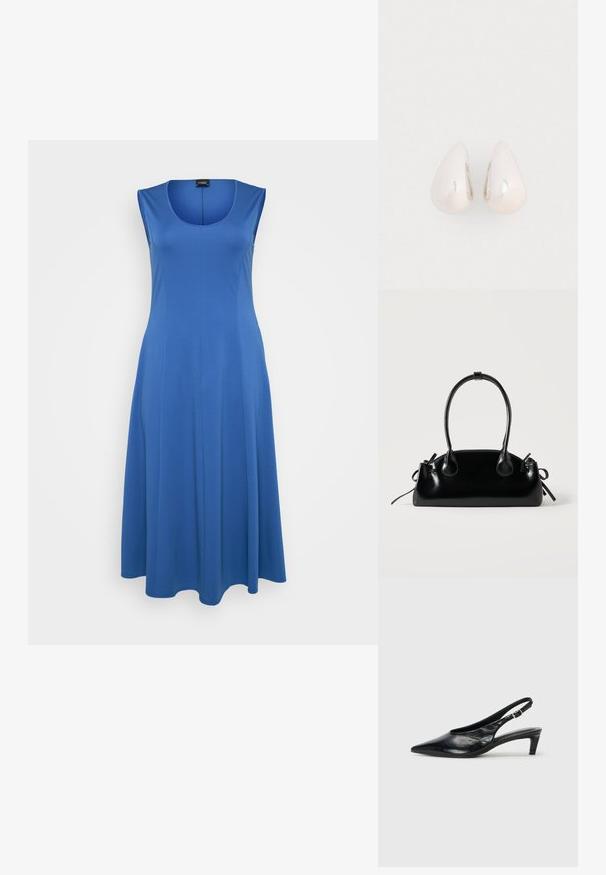 Blå ærmeløs kjole lavet af blødt materiale, med en rund halsudskæring og en svævende A-linje silhuet. Minimalistisk design, ingen synlige mønstre eller detaljer.; Sort læder slingback hæl med spidse tæer, lav kitten hæl og justerbar spænde-bånd. Glat tekstur med minimal dekor.; Lille sort blank håndtaske med to lange håndtag og snøre-detaljer i siden på en ensfarvet lys baggrund.; Sølvmetal dråbeøreringe med en glat, reflekterende overflade og tåreform, der har et sammenhængende design uden synlige udsmykninger.