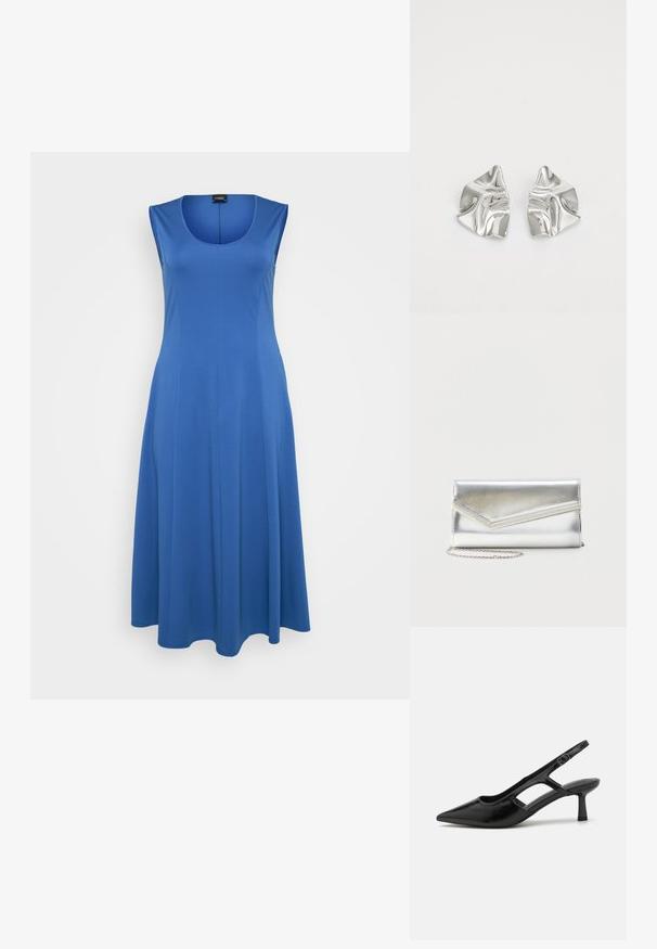 Blaues ärmelloses Kleid aus weichem Stoff, mit rundem Ausschnitt und fließender A-Linien Silhouette. Minimalistisches Design, keine sichtbaren Muster oder Akzente.; Schwarze Slingback-Absätze mit spitzer Zehenpartie, aus glänzendem Material gefertigt, mit ausgeschnittenen Akzenten und einem moderaten Absatz für Unterstützung.; Glänzende silberne Clutch mit Umschlagklappe und dekorativem Besatz, kleiner silberner Kettenriemen, auf einfachem hellem Hintergrund.; Silberne Metallohrringe mit einem wellenförmigen, skulpturalen Design, das eine polierte Oberfläche und unregelmäßige Formen aufweist, die eine zeitgenössische Ästhetik betonen.