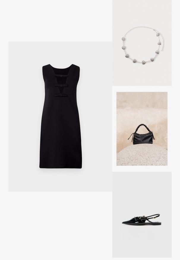 Robe noire sans manches avec un décolleté en V, présentant trois nœuds décoratifs à l'avant. Tissu lisse avec une coupe ajustée.; Chaussures slingback en cuir verni noir avec un bout pointu, dotées de brides croisées et d'accents de quincaillerie dorée. Semelle plate.; Sac à main noir froncé avec une poignée froncée, posé sur une sphère en pierre texturée devant un mur en béton beige.; Collier chaîne en argent avec huit petits pendentifs en forme de cœur présentant des motifs complexes en spirale, posé à plat sur un fond clair.
