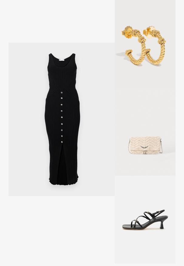 Rabanne Gebreide jurk - black; Zwarte patenten leren sandalen met banden, een vierkante neus en een lage blokhak. Voorzien van goudkleurige hardware en verstelbare enkelsbandjes.; Beige geweven clutch tas met flap, metalen kettingriem en kleine zilveren vleugelvormige versiering aan de voorkant.; Gouden ronde oorbellen met gedraaide koordstructuur en vlinderachterkanten op een lichte achtergrond.