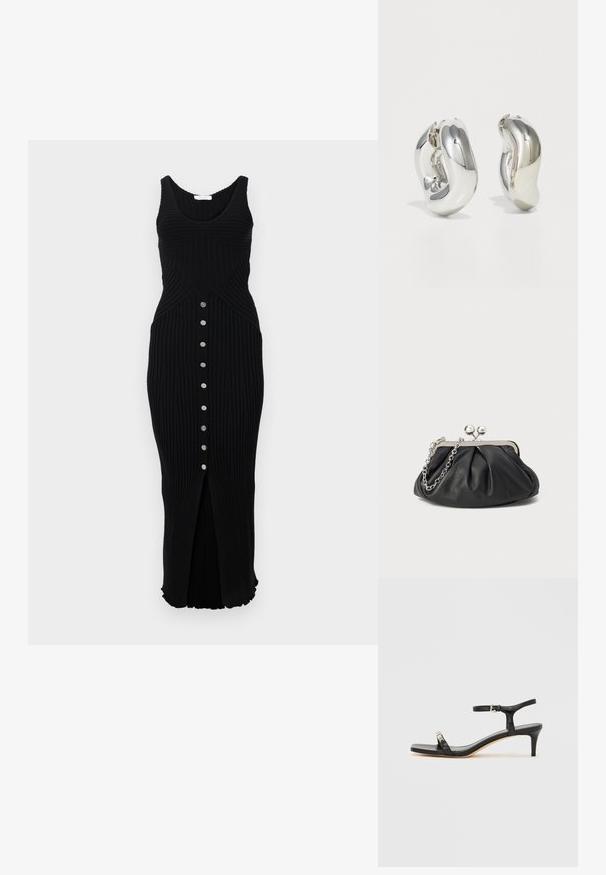 Rabanne Robe pull - black; Sandale noire en cuir à talon avec bride à la cheville, bout ouvert, devant carré et accent en métal argenté. Design ajusté avec un profil élégant.; Porte-monnaie en cuir noir avec texture froncée, cadre en métal argenté, fermeture à verrouillage kiss-lock et bandoulière en chaîne. Surface lisse et douce.; Boucles d'oreilles sculpturales en argent avec des formes douces et courbes et des surfaces réfléchissantes. Présentent un design de boucle fermée et une forme organique distincte.