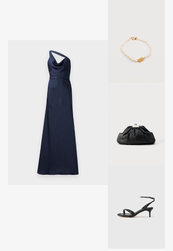 Marineblauwe satijnen avondjurk met een schouderontwerp, een kielvormige halslijn en een vloeiende, lange silhouet tot de vloer. Glad textuur en elegante eenvoud.; Zwarte leren dames sandaal met dunne bandjes, een teengreep, een enkelgesp en een stilettohak van gemiddelde hoogte op een neutrale achtergrond.; Zwarte leren clutch met een geplooide textuur, metalen sluiting en een subtiel geperst logo aan de voorkant. Afgeronde vorm.; Parelarmband met onregelmatige witte parels en een gouden sluiting, voorzien van een kleine rechthoekige gouden hanger met een decoratief ontwerp.