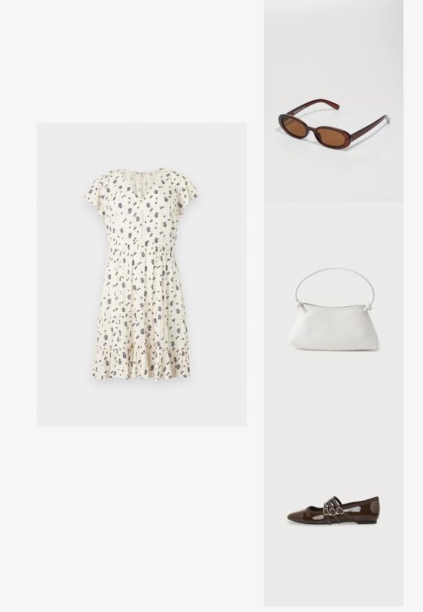 Robe courte à manches courtes crème avec imprimé floral noir, col en V, taille froncée, devant boutonné et ourlet à volants à étages.; Chaussure plate en cuir verni marron avec bout pointu et trois brides ajustables à boucle sur le côté, vue du profil extérieur.; Lunettes de soleil rondes teinte brun avec une monture bordeaux brillante. Branches fines avec un détail de marque subtil. Design de verres plats.; Sac à main en cuir tressé blanc avec poignée arrondie et extrémités de lanière nouées, présenté sur un fond uni.