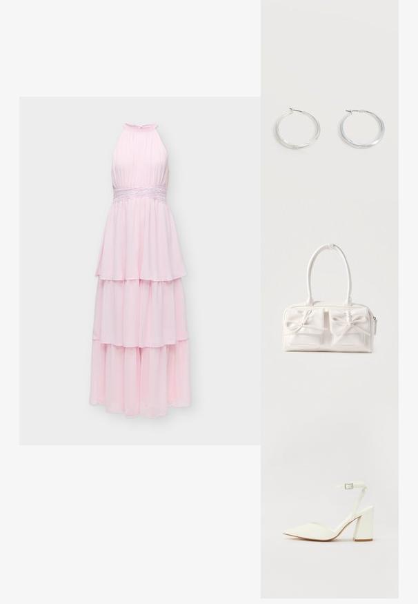 Robe longue rose clair sans manches à étages avec col montant et détail de ceinture en dentelle, présentée sur fond blanc uni.; Sandale blanche à talon avec un bout pointu, sangle de cheville réglable et un talon carré épais. Texture lisse avec des détails de couture minimaux.; Sac à main synthétique blanc avec deux poches avant, chacune ornée d'un nœud noué. Texture lisse, anses arrondies et fermeture zippée.; Boucles d’oreilles créoles en métal argenté avec une surface lisse légèrement incurvée et des fermoirs à clapet sur un fond blanc uni.