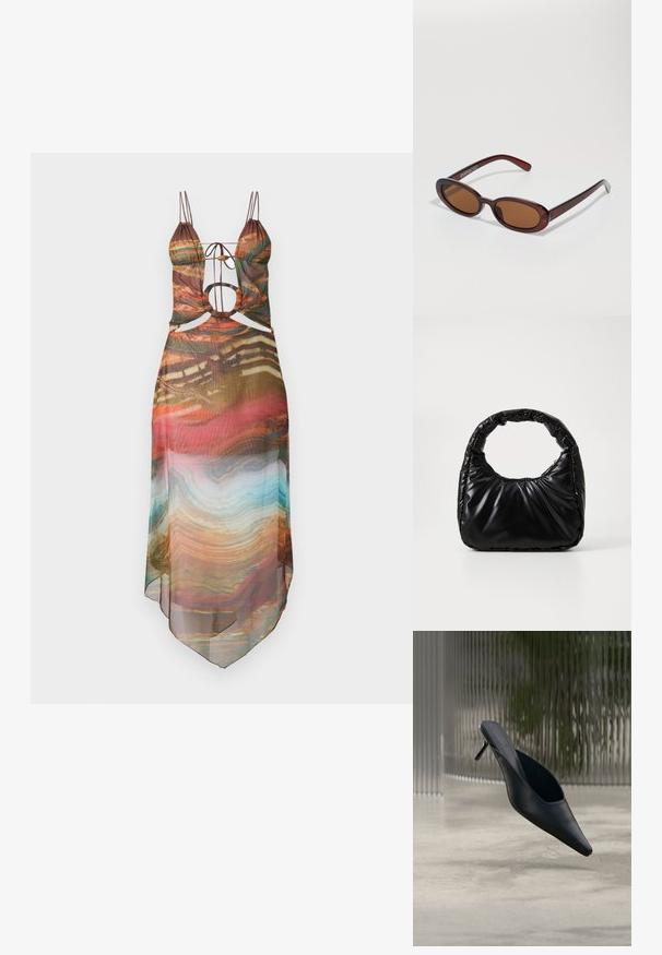 Vestido semitranslúcido multicolorido con tirantes ajustables, detalles recortados y un dobladillo fluido. El patrón abstracto incluye tonos cálidos y acentos en turquesa.; Zapato mule negro de punta fina con tacón alto y delgado flotando sobre un suelo de hormigón liso, con un fondo desenfocado de rayas verticales.; Gafas de sol redondas con tinte marrón y un marco burdeos brillante. Patillas delgadas con un sutil detalle de marca. Diseño de lentes planos.; Bolso negro acolchado con un asa redondeada, que presenta una superficie lisa y brillante y una textura suave y acolchada. Sin herrajes ni acentos visibles.