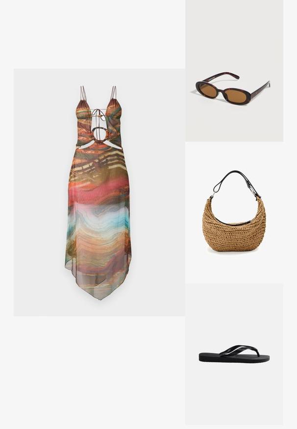 Vestido semitranslúcido multicolorido con tirantes ajustables, detalles recortados y un dobladillo fluido. El patrón abstracto incluye tonos cálidos y acentos en turquesa.; Chancla negra de goma con plantilla texturizada y correa en forma de Y lisa sobre un fondo claro simple.; Gafas de sol ovaladas con montura carey, lentes tintadas en marrón y varillas delgadas apoyadas sobre una superficie blanca.; Bolso de mano de paja trenzada en beige con una silueta curva, que presenta una correa de cuero negro y detalles metálicos plateados. Acabado texturizado.