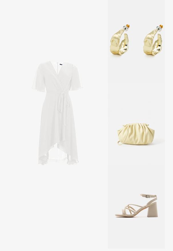 Witte wikkeljurk met korte vlindermouwen, V-hals en een strik taille. Doorzichtig stof valt asymmetrisch tot halverwege de kuit.; Beige haksandalen met gekruiste banden, een enkelgesp en een vierkante blokhak voor stabiliteit. Gladde leerachtige textuur.; Geel geplooide handtas van soepel nepleer, met een zachte vorm, een enkele schouderriem en een verzameld ontwerp aan de bovenkant.; Goudkleurige oorbellen in de vorm van abstracte handen, met een glanzend oppervlak, ingewikkelde details en een zilver- en goudkleurige post voor een veilige bevestiging.