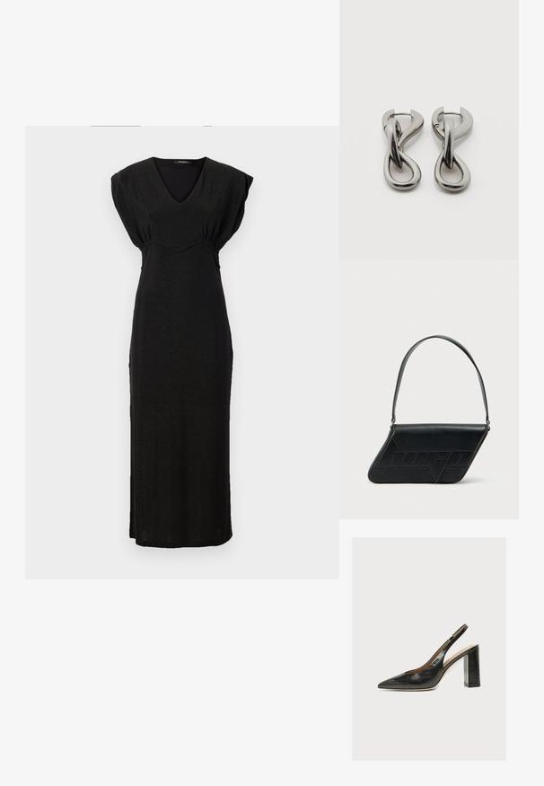 Vestido maxi negro sin mangas con escote en V y detalle fruncido en la cintura. Fabricado en un tejido suave y ligeramente brillante.; Zapato de mujer slingback de piel negra con puntera puntiaguda y tacón alto grueso de bloque sobre fondo blanco.; Bolso de hombro de cuero negro con forma triangular, logo en relieve y una sola correa ajustable. Diseño minimalista con textura suave.; Par de pendientes de metal con acabado plateado y diseño abstracto de bucles entrelazados sobre un fondo blanco.