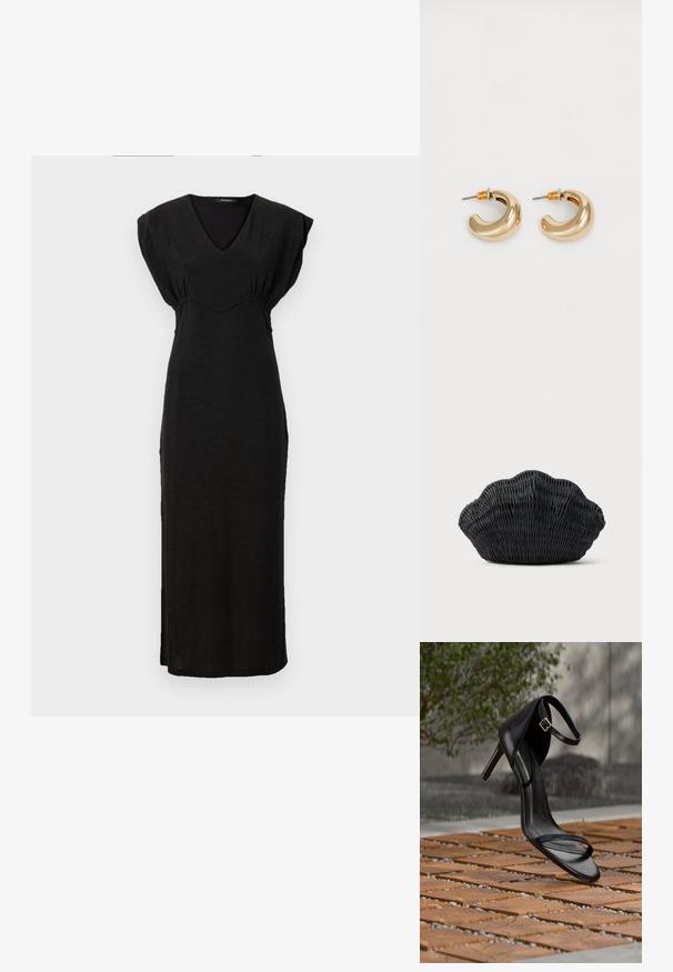 Vestido maxi negro sin mangas con escote en V y detalle fruncido en la cintura. Fabricado en un tejido suave y ligeramente brillante.; Sandalia negra de tacón alto con correa en el tobillo, parece suspendida sobre un suelo de baldosas de madera al aire libre, con un fondo difuminado de vegetación y piedra.; Bolso de mimbre negro con forma de concha de vieira con parte superior curva y textura tejida sobre un fondo liso.; Dos pendientes de aro dorados brillantes en un diseño curvado, con acentos naranjas cerca del poste, sobre un fondo blanco liso.