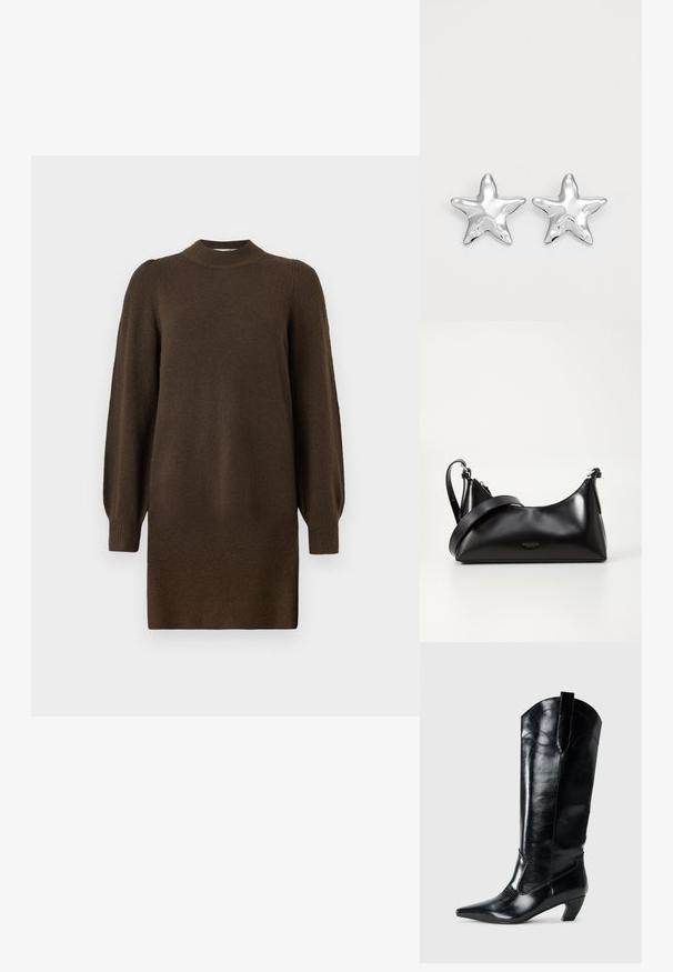 Vestido de punto de manga larga en marrón oscuro con cuello alto acanalado, puños y dobladillo sobre un fondo blanco.; Botas de cuero negras hasta la rodilla con punta afilada, tacón bajo y detalle de costura decorativa en los laterales. Acabado suave y brillante.; Bolso de mano de cuero negro con una textura suave. Cuenta con una correa ajustable y un diseño elegante y minimalista con cierre de cremallera.; Pendientes en forma de estrella plateada con una superficie pulida y brillante. Cada pendiente presenta cinco puntas y sutiles detalles de textura en la superficie.