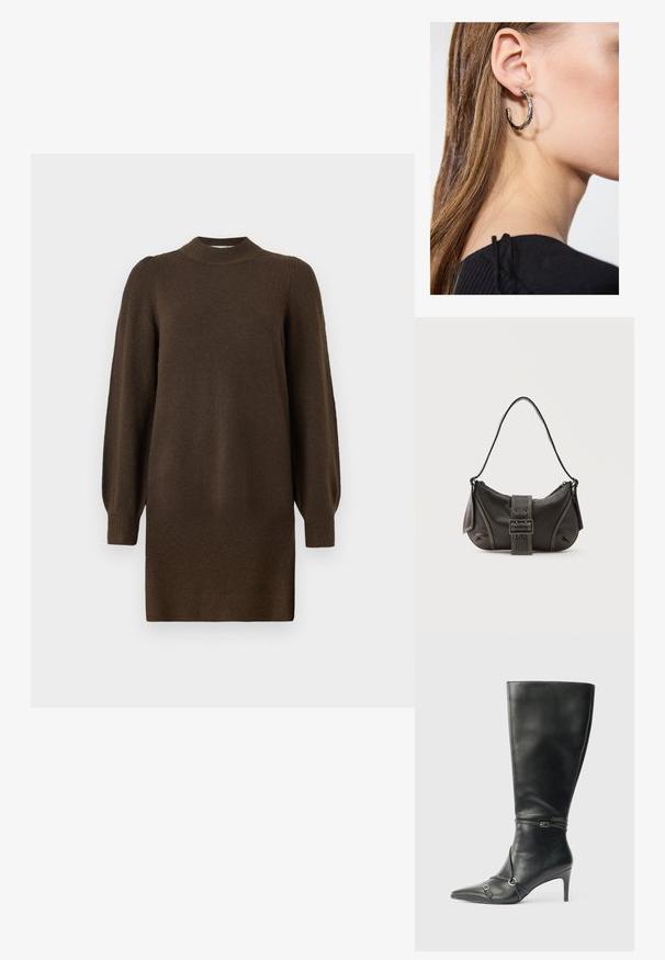 Vestido de punto de manga larga en marrón oscuro con cuello alto acanalado, puños y dobladillo sobre un fondo blanco.; Botas negras de cuero hasta la rodilla con tacón delgado, punta afilada y detalles de diseño con correas en el tobillo. Textura suave y diseño ajustado.; Bolso de hombro de cuero negro con detalle de correa con hebilla, bordes curvos y costuras blancas en contraste sobre un fondo liso.; Pendiente de aro de plata con un acabado pulido, que presenta pequeños detalles en dorado y una forma redonda, llevado en el lóbulo.
