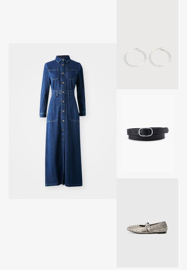 Denim maxi-jurk met lange mouwen, puntige kraag, knoopsluiting aan de voorkant, twee borstzakken, een aangesnoerde taille en zijslitsen voor gemakkelijker bewegen.; Grijze vlakke schoenen met ronde neus, versierd met metalen studs, en een zijband met een zilveren buckle detail. Glad textuur.; Een paar glanzende zilveren oorringen met dunne draadafsluitingen, getoond op een lichtgrijze achtergrond.; Zwarte leren riem met een gladde textuur, ovaal zilveren metalen gespsluiting en meerdere verstelgaten langs de band. Platte, minimalistische uitstraling.
