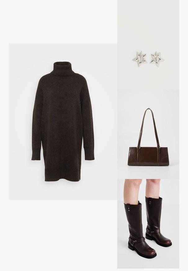 Brun turtleneck sweater med en afslappet pasform, lavet af blødt strikket stof. Har lange ærmer og ribbede detaljer ved manchetterne og kanten.; Brune læder knæ-høje støvler med en glat tekstur, der har en bred rem og trekantede metal detaljer samt flade gummisåler.; Brun lakeret håndtaske med rektangulær form, to lange håndtag og subtile buede detaljer på fronten.; Sølv stjerneformede øreringe med en glat, poleret finish på en ensfarvet hvid baggrund.