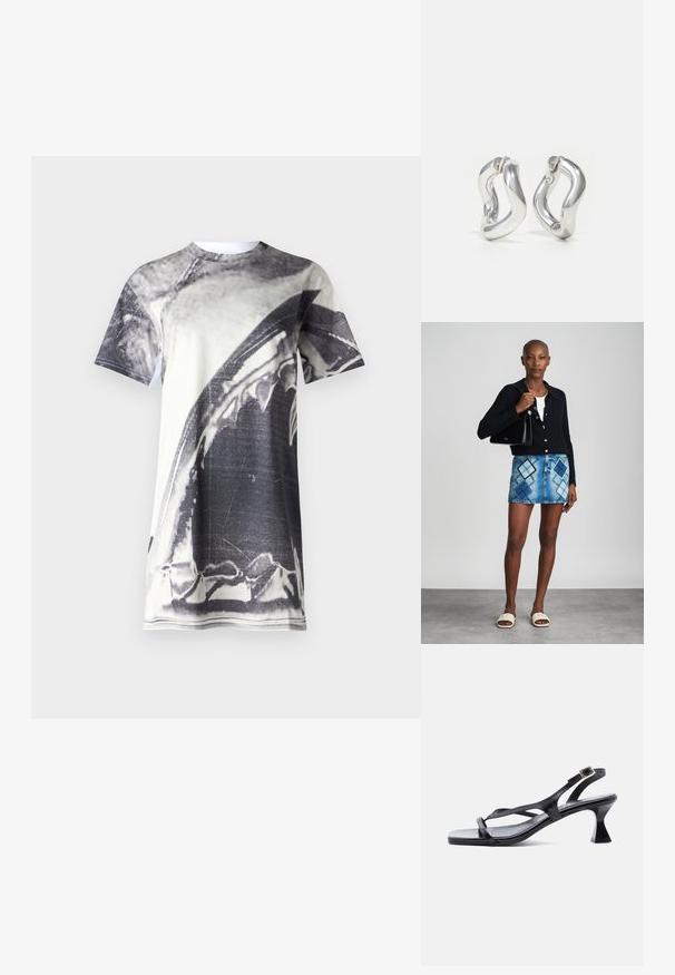 Grafisk t-shirt med et stort sort-hvidt billede af en haj. Lavet af åndbart stof, kortærmet og med rund halsudskæring.; Sort lædersandal til kvinder med tynde stropper, firkantet tå, justerbar ankelrem og udvidet mellemhøj hæl.; Sort striktrøje, hvid top, denimnederdel med blå og sort diamantmønster, sort håndtaske og beige slidesandaler.; Sølv øreringe i hoop-design med snoet mønster. Runde kanter og blank finish. Åbne lukninger for nem brug. Glat tekstur over det hele.