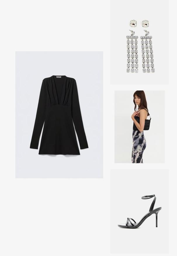 Vestido negro de manga larga con escote en V profundo y detalles fruncidos en el busto. Fabricado con tela elástica, corte entallado y bajo con vuelo.; Sandalia de tacón alto de charol negro con tiras finas que cruzan los dedos y una correa con hebilla en el tobillo sobre un fondo blanco.; Bolso de hombro negro acolchado con una sola correa y herrajes plateados, combinado con un vestido ajustado de patrón tie-dye en tonos de negro y crema.; Pendientes colgantes de cristal con herrajes en tono plateado, que presentan un stud cuadrado y filas en cascada de cristales rectangulares y octogonales.
