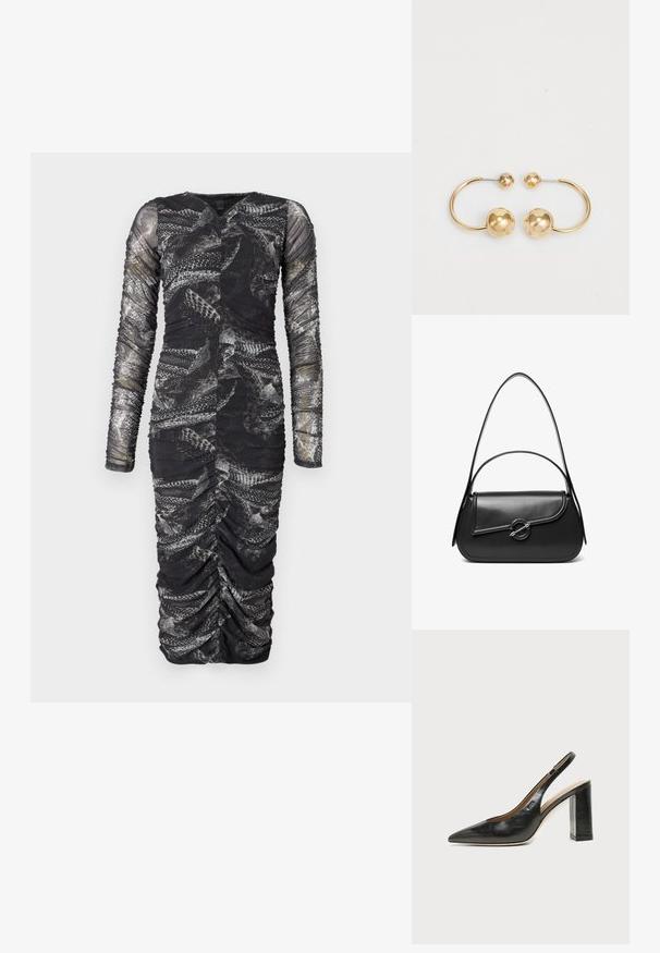 Robe noire à manches longues froncée présentant un motif texturé ressemblant à des écailles, avec un décolleté en V profond et une silhouette ajustée.; Chaussure slingback en cuir noir à bout pointu avec un talon bloc haut et une doublure intérieure beige sur un fond clair uni.; Sac à bandoulière en cuir noir avec un rabat incurvé fermé par un fermoir métallique rond et une sangle fine et ajustable.; Boucles d'oreilles en métal doré présentant un design circulaire avec deux sphères, l'une plus grande et texturée, et une petite boule polie en haut.