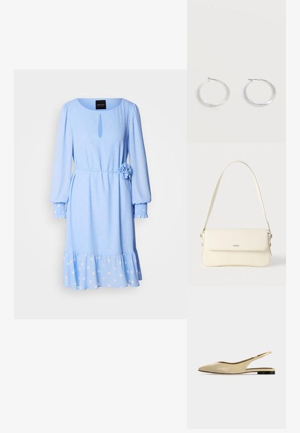 Robes bleu clair avec un col rond, des manches longues, un motif à pois, un détail en forme de trou à l'avant et une accent fleur au niveau de la taille.; Chaussure plate beige à bout pointu avec bride arrière, petit talon noir et finition en cuir lisse, vue de côté sur un fond uni.; Sac à bandoulière en cuir couleur crème avec fermeture à rabat, quincaillerie argentée, une bandoulière réglable et un logo discret.; Boucles d’oreilles créoles en métal argenté avec une surface lisse légèrement incurvée et des fermoirs à clapet sur un fond blanc uni.
