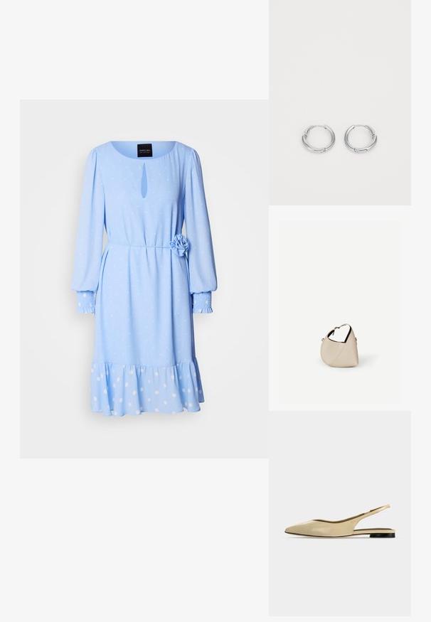 Lyseblå kjole med rund halsudskæring, lange ærmer, prikmønster, en nøglehulldetalje foran og en blomsterdetalje i taljen.; Beige spids tå slingback flad sko med lav sort hæl og en glat læderfinish, vist fra siden på en ensfarvet baggrund.; Beige læder håndtaske i halvmåneform med en enkelt skulderrem og minimal syning, sat mod en ensartet hvid baggrund.; Sølvøreringe med en glat, poleret overflade. Cirkulær form med en lille spænde detalje til lukning. Minimalistisk design, letvægtig.
