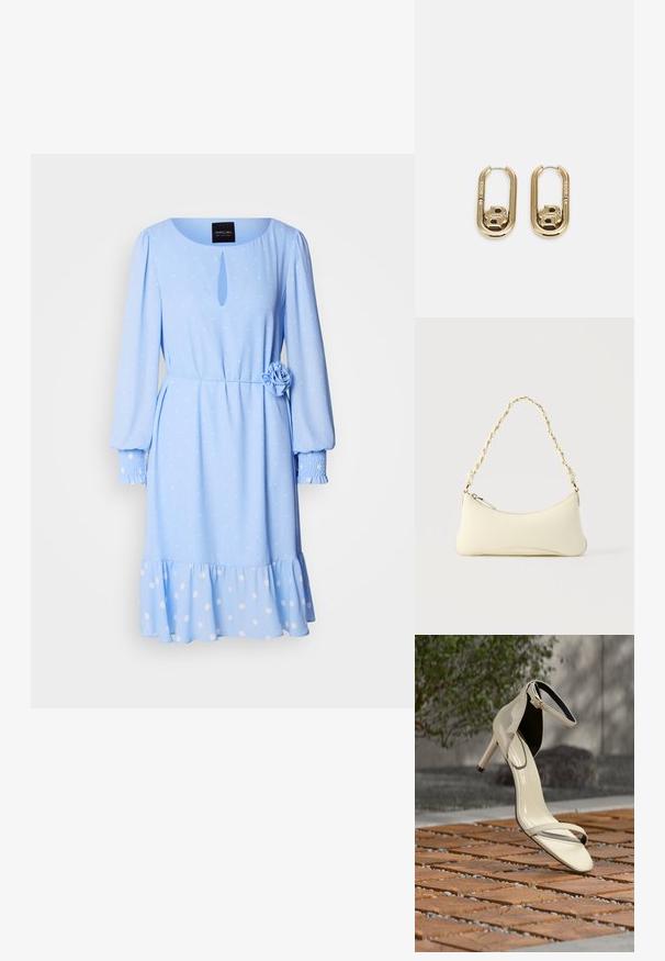 Robes bleu clair avec un col rond, des manches longues, un motif à pois, un détail en forme de trou à l'avant et une accent fleur au niveau de la taille.; Sandale beige à talons hauts avec bride à la cheville posée sur des lattes en bois en extérieur, avec un arrière-plan flou de verdure et de béton.; Petit sac à main couleur crème avec une forme incurvée et une poignée en chaîne torsadée ton or, fermeture éclair sur le dessus; BOSS DOUBLE B SWING - Boucles d'oreilles - gold-coloured