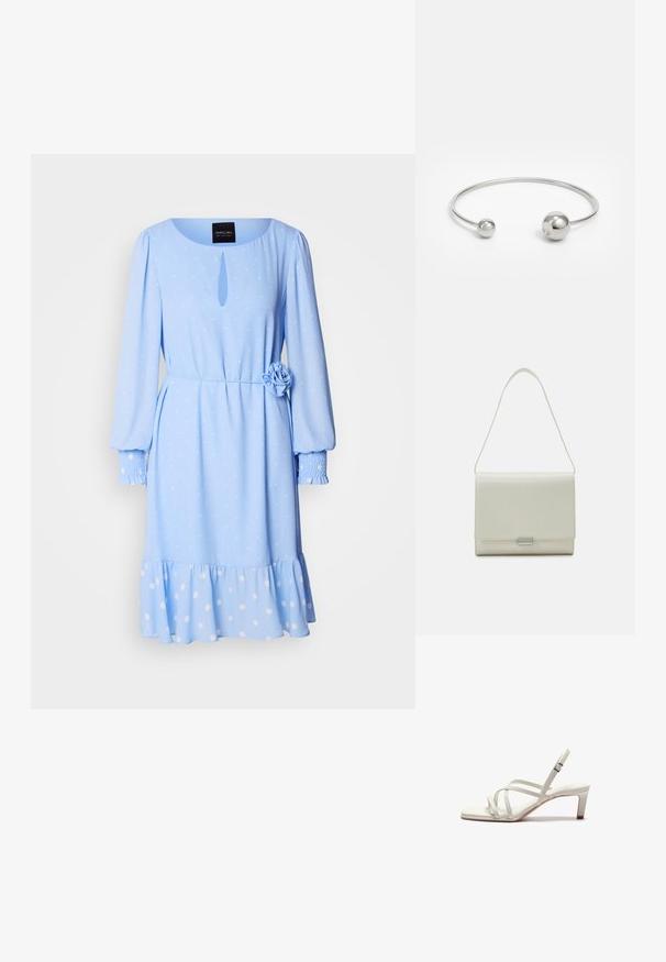Robes bleu clair avec un col rond, des manches longues, un motif à pois, un détail en forme de trou à l'avant et une accent fleur au niveau de la taille.; Zign by Zalando Escarpins - off white; Calvin Klein ARCHIVE SHOULDER BAG SHINY - Sac à main - ecru; Bracelet jonc en métal argenté avec deux accents sphériques à chaque extrémité, surface lisse, design ouvert et forme épurée et minimaliste.