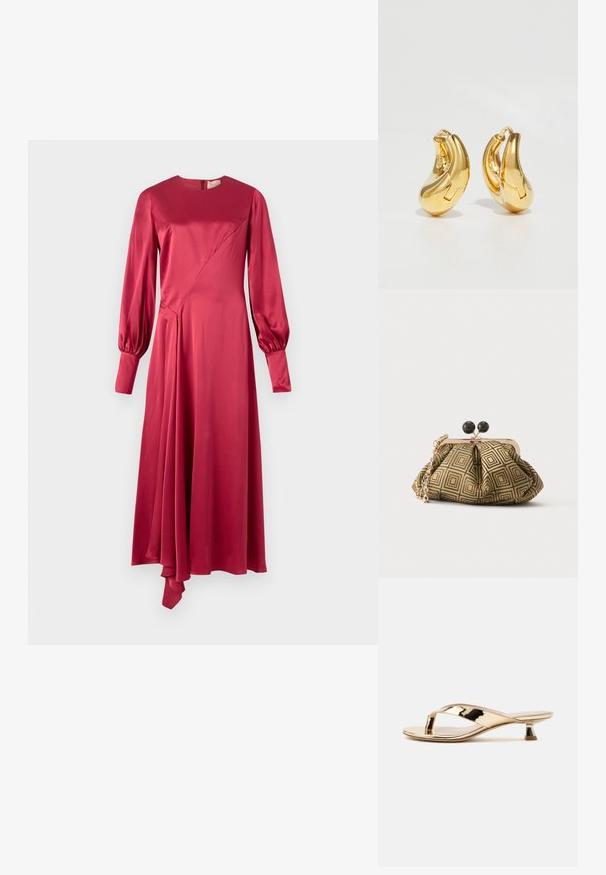 Roksanda HAYAT DRESS - Kokteilikleit/peokleit - deep scarlet; Kuldne metallik madala kontsaga plätu-sandaal, millel on õhuke, kaldu blokikonts, valgel taustal.; Väike käekott kuldse ja musta geomeetrilise mustriga, kuldse metallraamiga, musta palliga lukk ja lühikese kuldse kettaga sang.; Kuldne rõngastüüpi kõrvarõngad sujuva, kõverdatud kujuga ja läikiva viimistlusega. Omavad sulgemismehhanismi ja väikeseid süvendusi detailideks.