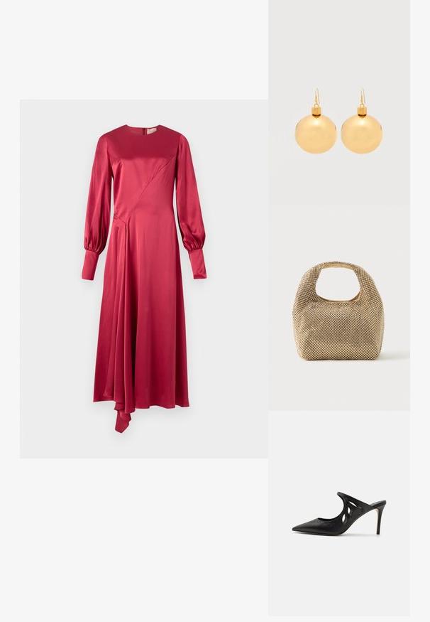 Roksanda HAYAT DRESS - Kokteilikleit/peokleit - deep scarlet; Mustad nahast kõrge kontsaga mulesed, millel on terav varvas, lõikega küljekujundus ja sile tekstuur. Stiletto konts ja peen õmbluse detail.; Väike kuldse tooniga käekott, mis on kaetud läikivate ümmarguste naeltega, lühikese sangaga ja ülaosas ümmarguse välja lõikega.; Paari säravaid kuldseid jõulukuulikutest kõrvarõngaid konkskinnitustega tavalise valge taustaga.