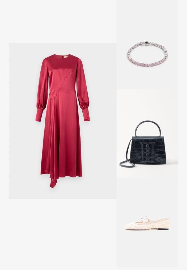Roksanda HAYAT DRESS - Vestido de cóctel - deep scarlet; Zapato plano de color crema con dos correas, adornado con pequeños lazos, y suela negra sobre un fondo blanco liso.; Bolso de mano de cuero negro con estampado de cocodrilo, diseño estructurado, asa superior, correa ajustable y un destacado detalle del logotipo en la parte frontal.; Pulsera de tono plateado con piedras rectangulares y redondas alternando en color rosa y claro, asegurada con un cierre de broche, acabado suave.