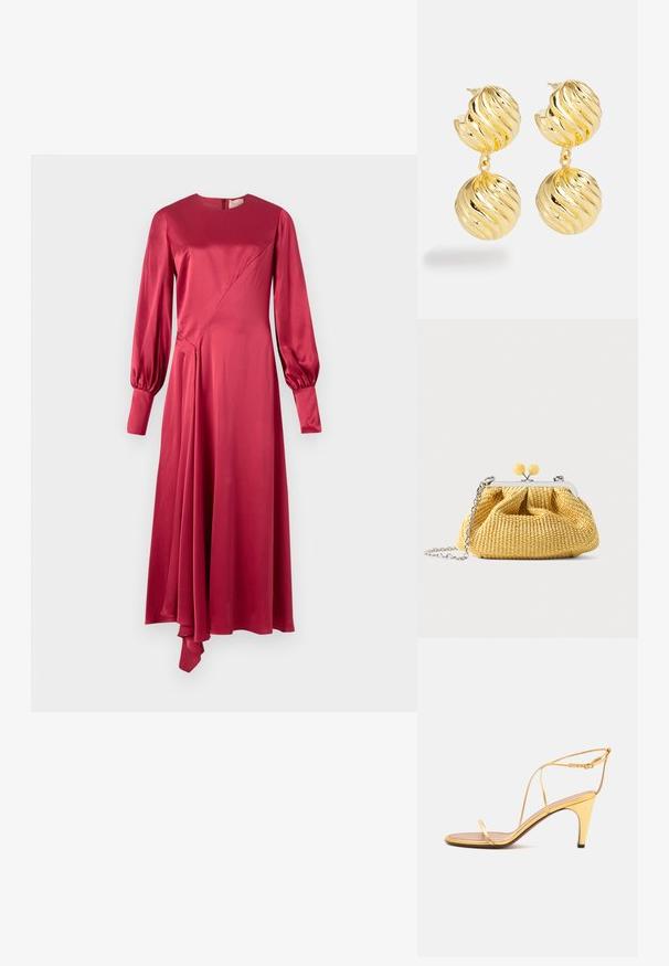 Roksanda HAYAT DRESS - Robe de soirée - deep scarlet; Sandale à talons hauts dorée avec fines lanières et une fine boucle à la cheville sur un fond gris clair.; Petit sac à main tissé jaune avec cadre argenté, deux fermoirs boules jaunes et une bandoulière chaîne argentée sur fond blanc.; Boucles d'oreilles en ton doré avec un design tordu. Elles comportent deux éléments sphériques, chacun avec une texture ondulée et une finition polie.