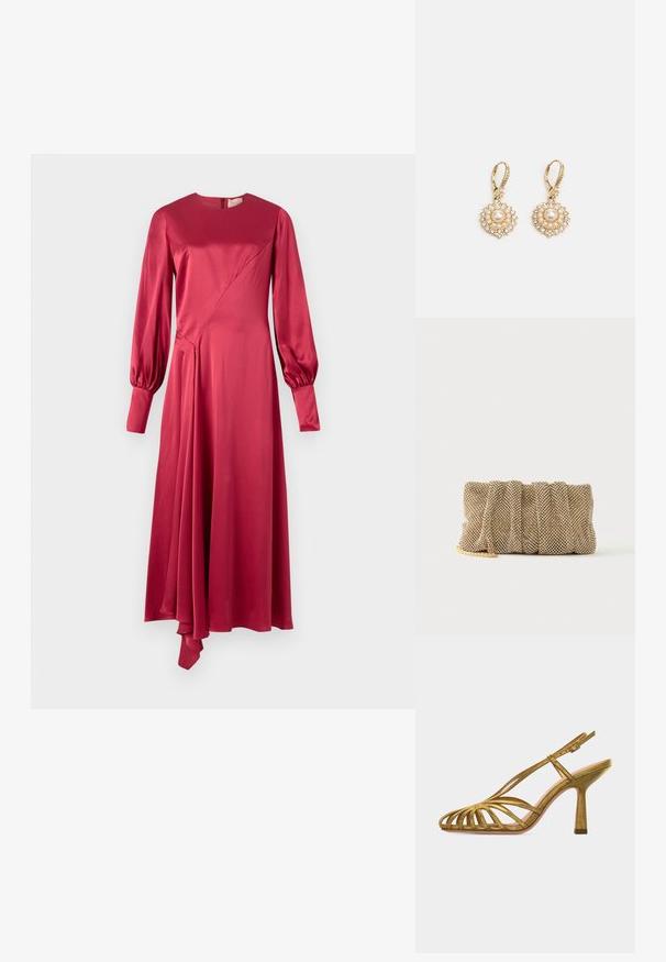 Roksanda HAYAT DRESS - Kokteilikleit/peokleit - deep scarlet; Kuldsete rihmadega kõrge kontsaga sandaal, millel on avatud varvas, reguleeritav pahkluu rihm ja keskmise kõrgusega kitsenev konts, nähtav küljelt valgel taustal.; Väike kuldne võrgust õlalehmakott volditud disainiga ja osaliselt nähtava kuldse ketiga, ühevärvilise valge taustaga.; Marchesa ROUND PEARL DROP - Kõrvarõngad - gold-coloured