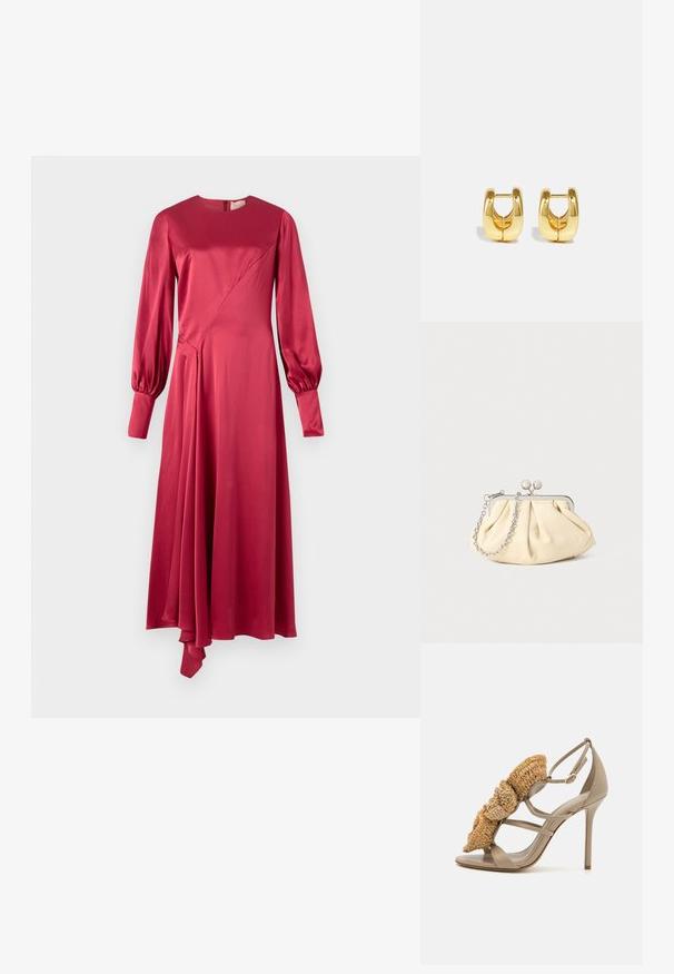 Roksanda HAYAT DRESS - Koktailové šaty/večierkové šaty - deep scarlet; Béžové stiletto sandály s tkanou slamkou na prednej strane, so šnurovacím dizajnom a uzavretou pätou. Hladký kožený zvršok a podrážka.; Zhlý béžový kožený klobúk so strieborným kovovým rámom, ktorý má dve okrúhle dekoratívne zámky a strieborný reťazový popruh.; Zlaté kruhové náušnice s elegantným, zaobleným dizajnom. Majú prázdne vnútro a lesklý povrch, ktorý dopĺňa moderné štýly.