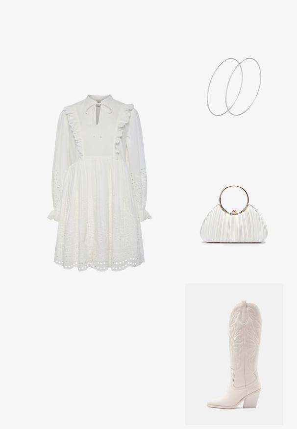 Vestido de algodón blanco con cuello alto, borde de volantes y detalle de cuello atado. Presenta mangas largas y patrones de galones bordados en el dobladillo.; Bota vaquera de cuero blanco con punta afilada y tacón bloqueado. Presenta patrones de costura intrincados en el caña y una textura suave.; Bolso de mano blanco plisado con un asa circular dorada, que presenta un tejido suave y una forma redondeada. Diseño elegante con un acabado texturizado.; Pendientes de aro plateados con un diseño minimalista. Forma circular, textura suave y perfil delgado. Livianos con un acabado pulido.