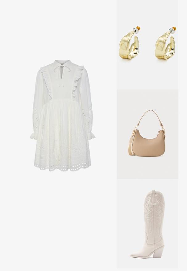 Vestido de algodón blanco con cuello alto, borde de volantes y detalle de cuello atado. Presenta mangas largas y patrones de galones bordados en el dobladillo.; Bota vaquera de cuero blanco con punta afilada y tacón bloqueado. Presenta patrones de costura intrincados en el caña y una textura suave.; Pequeña bolsa de hombro beige con parte superior curvada, correa larga desmontable y cierres de tono dorado sobre un fondo blanco liso.; Pendientes en tono dorado con forma de manos abstractas, que presentan una superficie brillante, detalles intrincados y un poste de plata y oro para un ajuste seguro.