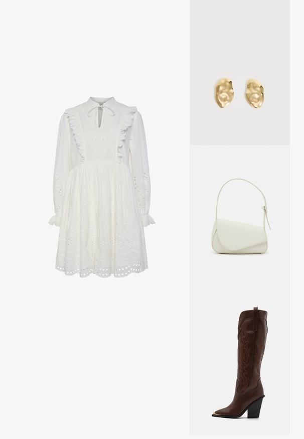 Vestido de algodón blanco con cuello alto, borde de volantes y detalle de cuello atado. Presenta mangas largas y patrones de galones bordados en el dobladillo.; RAID RIMSKY - Botas de tacón - brown; Bolso de mano de imitación cuero blanco con una forma triangular estructurada, correa ajustable única y cierre con solapa acentuada en curva.; Par de pendientes de metal dorado brillante, con forma irregular y superficie arrugada y lisa sobre un fondo claro y sencillo.