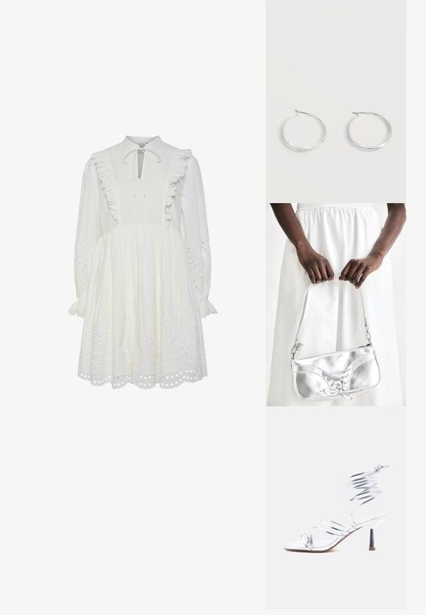 Vestido de algodón blanco con cuello alto, borde de volantes y detalle de cuello atado. Presenta mangas largas y patrones de galones bordados en el dobladillo.; Sandalia de tacón alto plateada con tiras delgadas cruzando los dedos del pie y una envoltura en espiral alrededor del tobillo sobre un fondo blanco.; Bolso metálico plateado con detalle de cordones, que presenta un diseño elegante y una correa corta. El bolso está sostenido con las manos, mostrando su textura.; Pendientes de aro de metal plateado con superficie lisa y ligeramente curvada y cierre de tipo mosquetón sobre un fondo blanco liso.